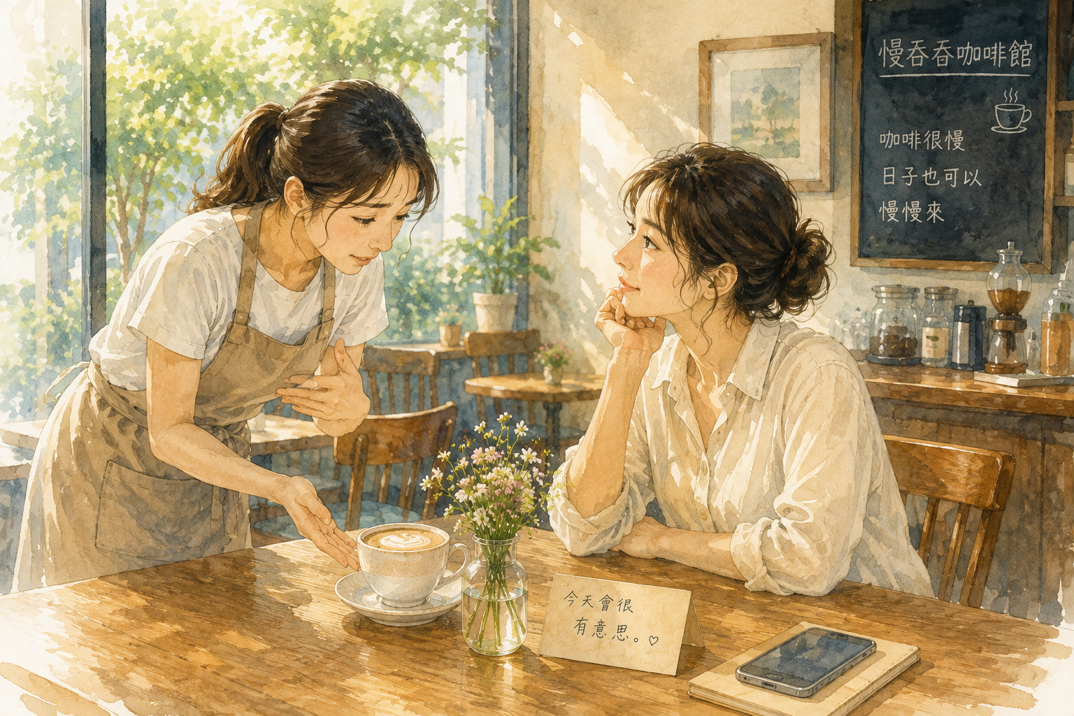 服務生把點錯的咖啡端來，笑得很燦爛，蘇晴接過了那杯拿鐵