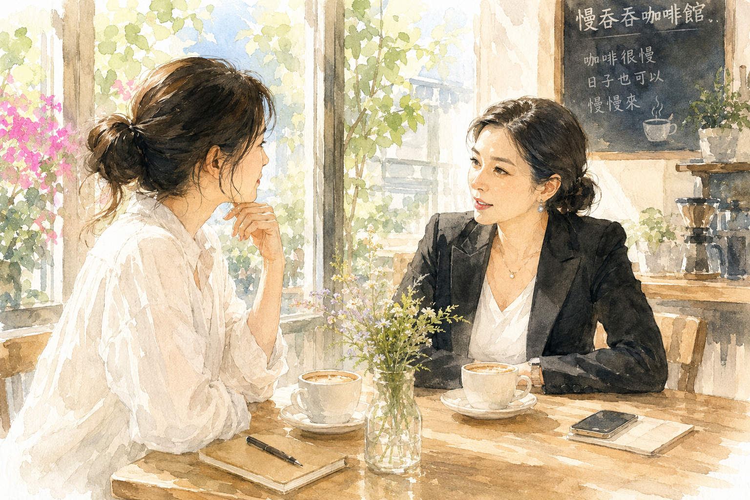 蘇晴與沈總在「慢吞吞」咖啡館對坐，真正開始交流的那一刻