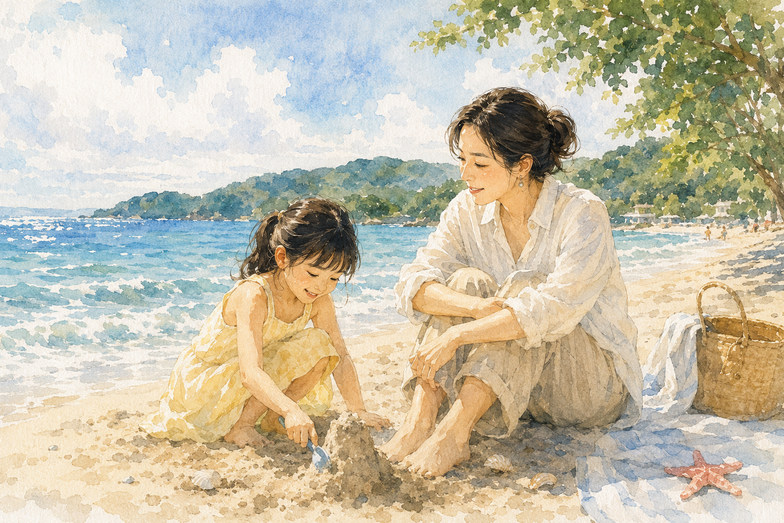 三年前的墾丁——沈總與女兒在海邊，女兒挖了一下午的沙子，她在旁邊看