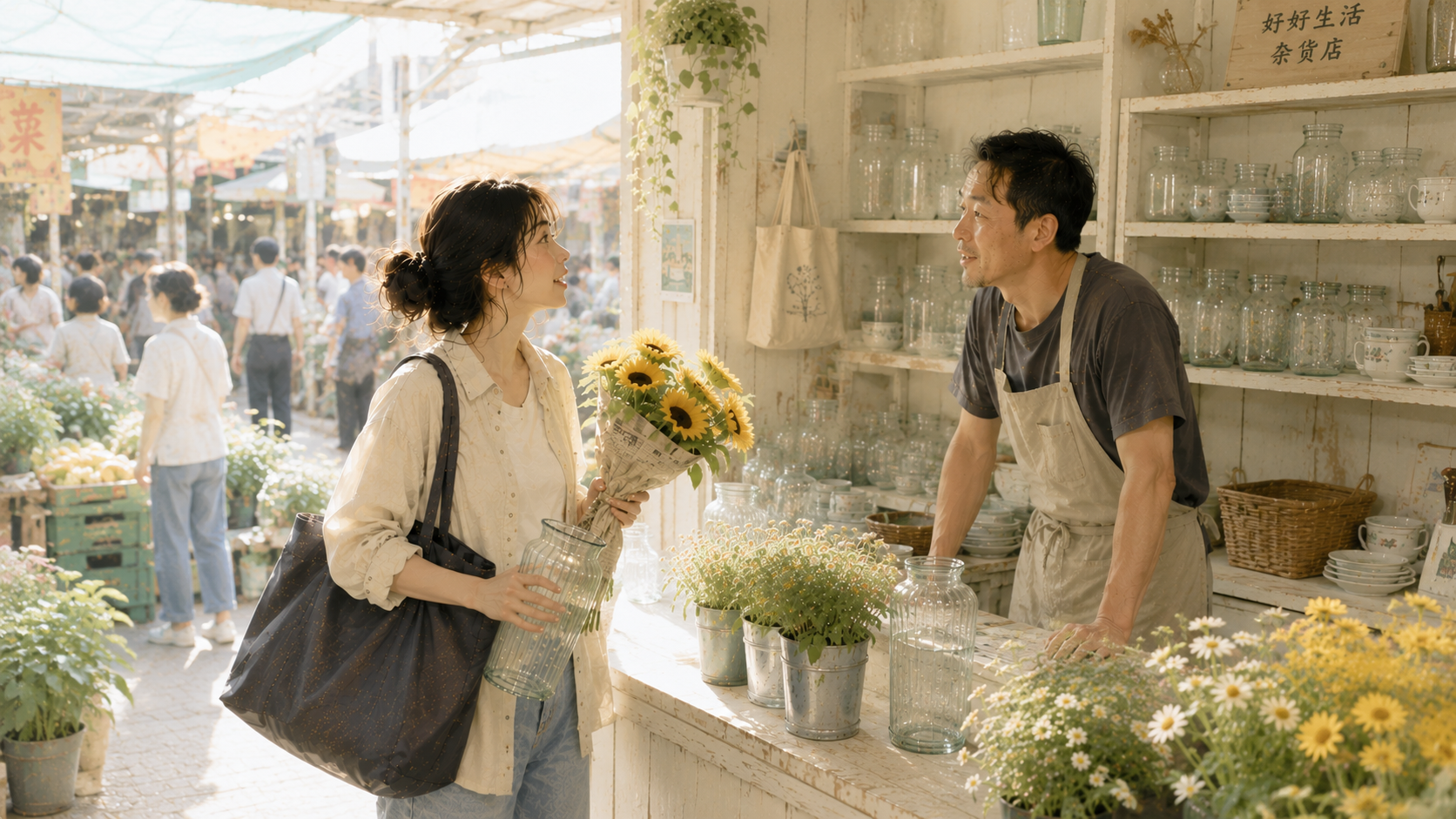 蘇晴抱著向日葵站在「好好生活雜貨店」攤位前，與前IT工程師老闆對望