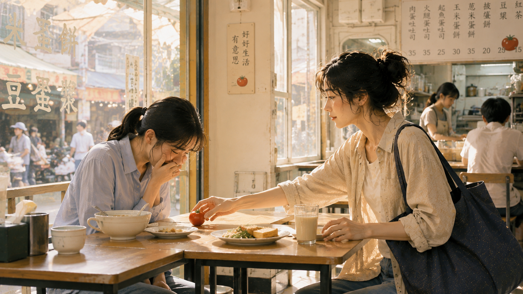 早餐店裡，蘇晴把一顆小番茄遞給正在哭泣的陌生女生
