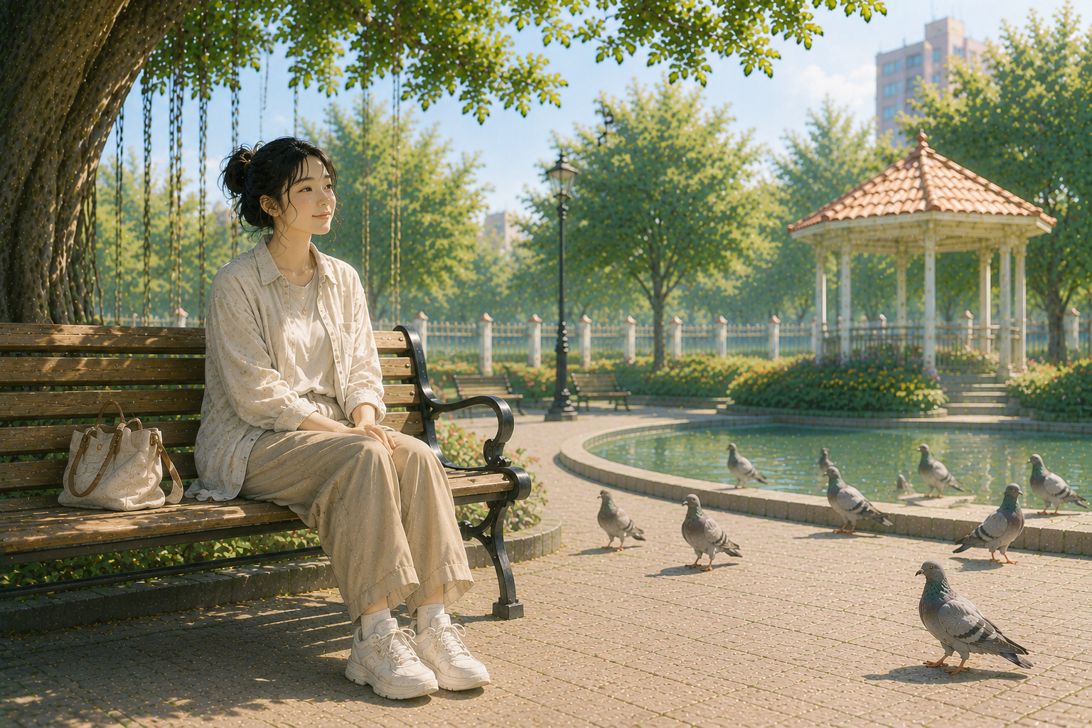 蘇晴平靜地坐在長椅上，看向遠方的榕樹與光斑——腿不知道什麼時候不抖了