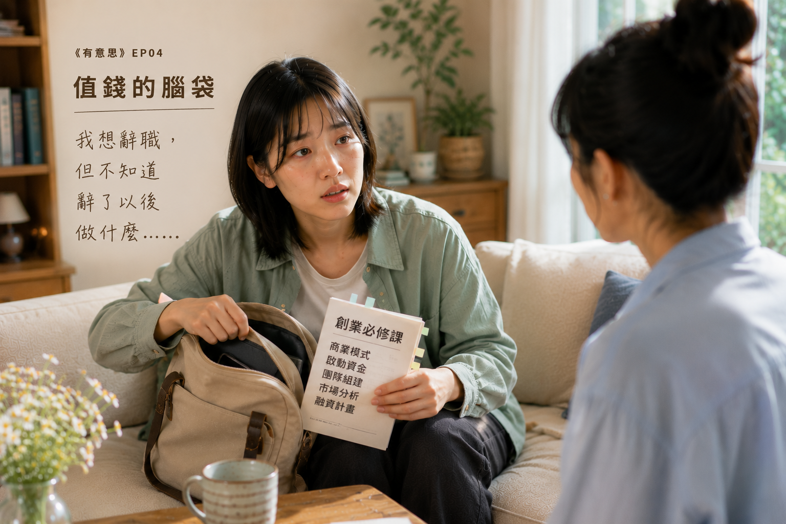方方抱著包坐在沙發上，手一直摸著拉鏈——想辭職，但不知道辭了之後做什麼