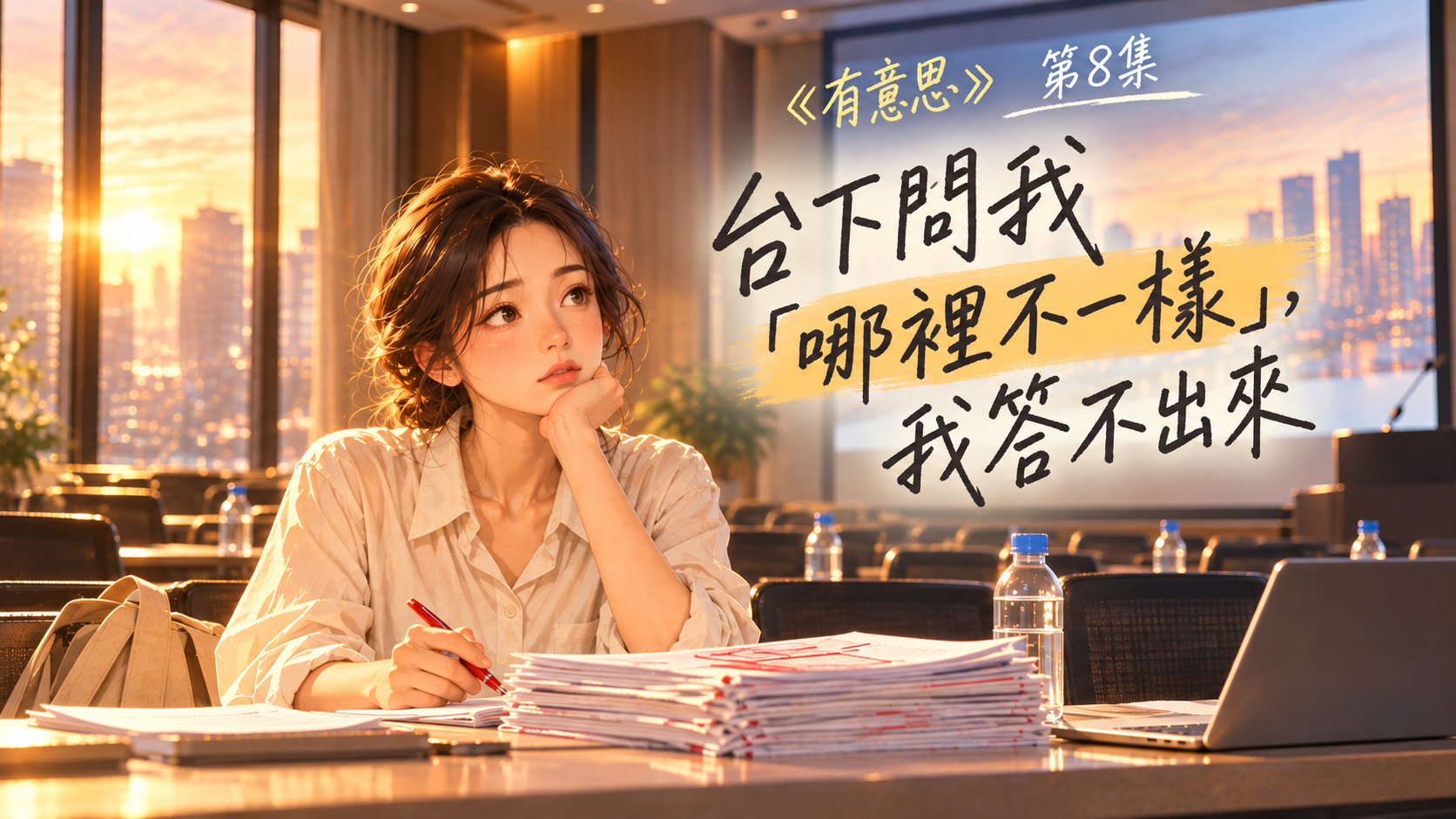 《有意思》EP08 台下問我「哪裡不一樣」，我答不出來——會議室裡，講師低頭看著稿子，聽眾舉手提問的瞬間。