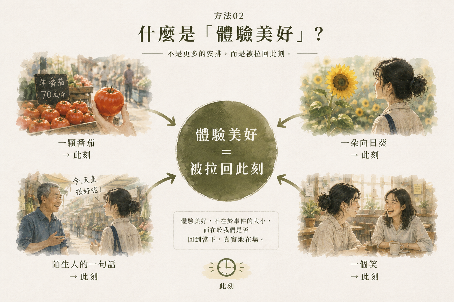 什麼是「體驗美好」概念圖——被一顆番茄、一朵花、一個問題拉回此刻