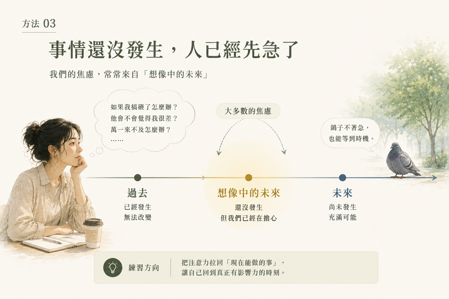 時間軸概念圖——過去、想像中的未來、真正的未來，焦慮來自中間那段