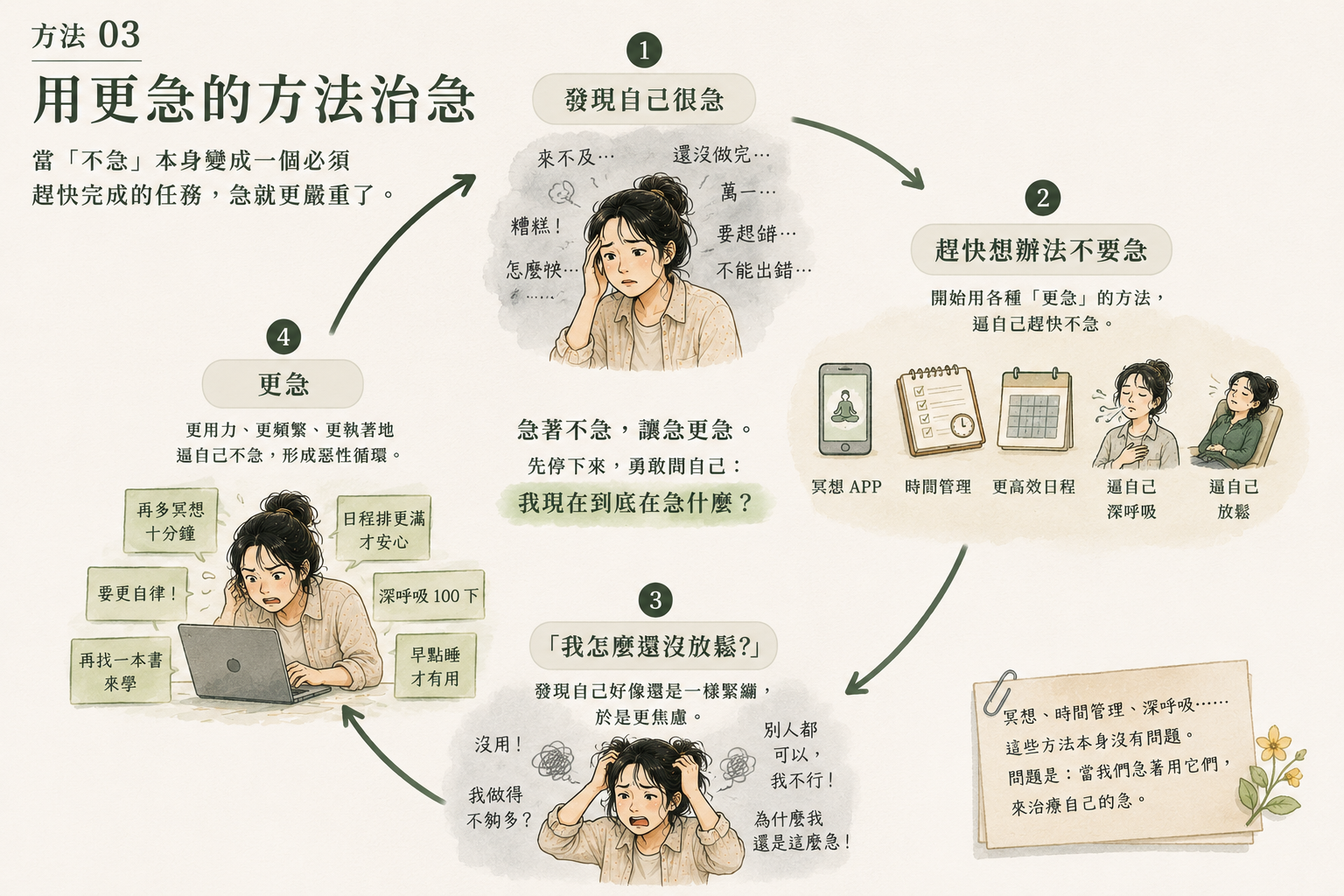 惡性循環概念圖——發現急、趕快想辦法治急、更焦慮、更急，用更急的方法治療急