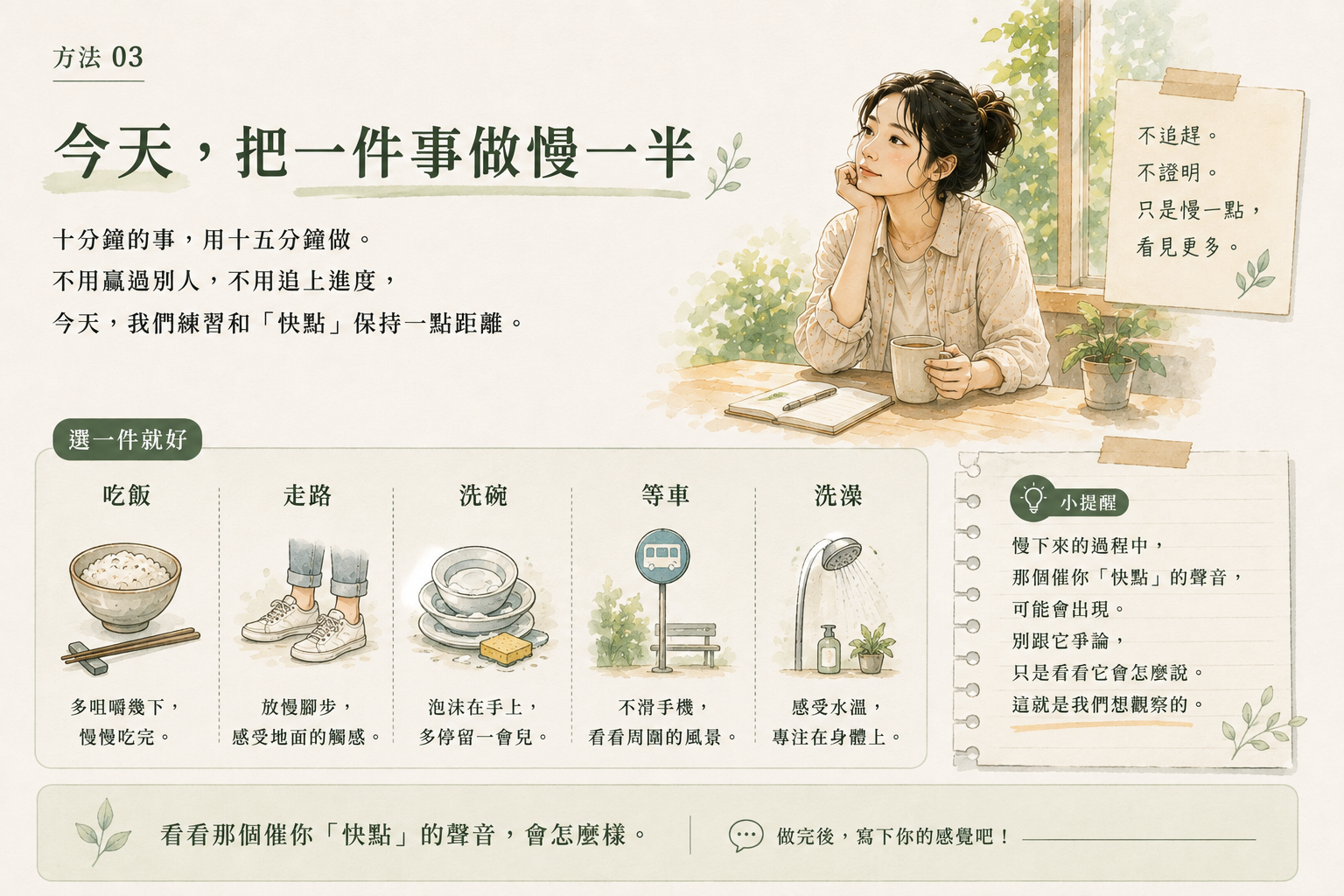 《這週，把一件事做慢一半》實驗卡——吃飯、走路、洗碗、等車、洗澡，挑一件，截圖保存這週用