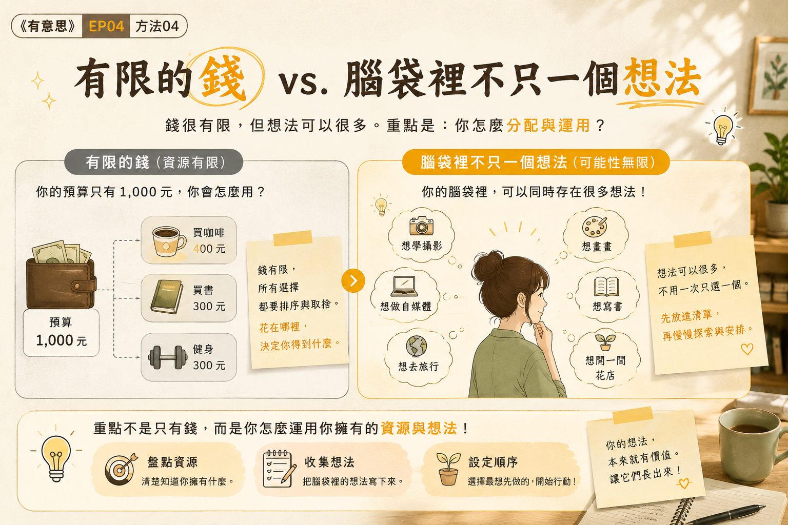 概念圖——錢是有限的，腦袋裡的想法是無限的，別用有限的東西衡量無限的東西