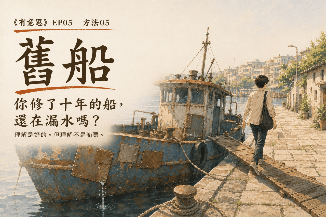 《有意思》生活實驗 你修了十年的船，還在漏水嗎？——一艘舊船停在岸邊，旁邊有一艘新船的龍骨剛放下。